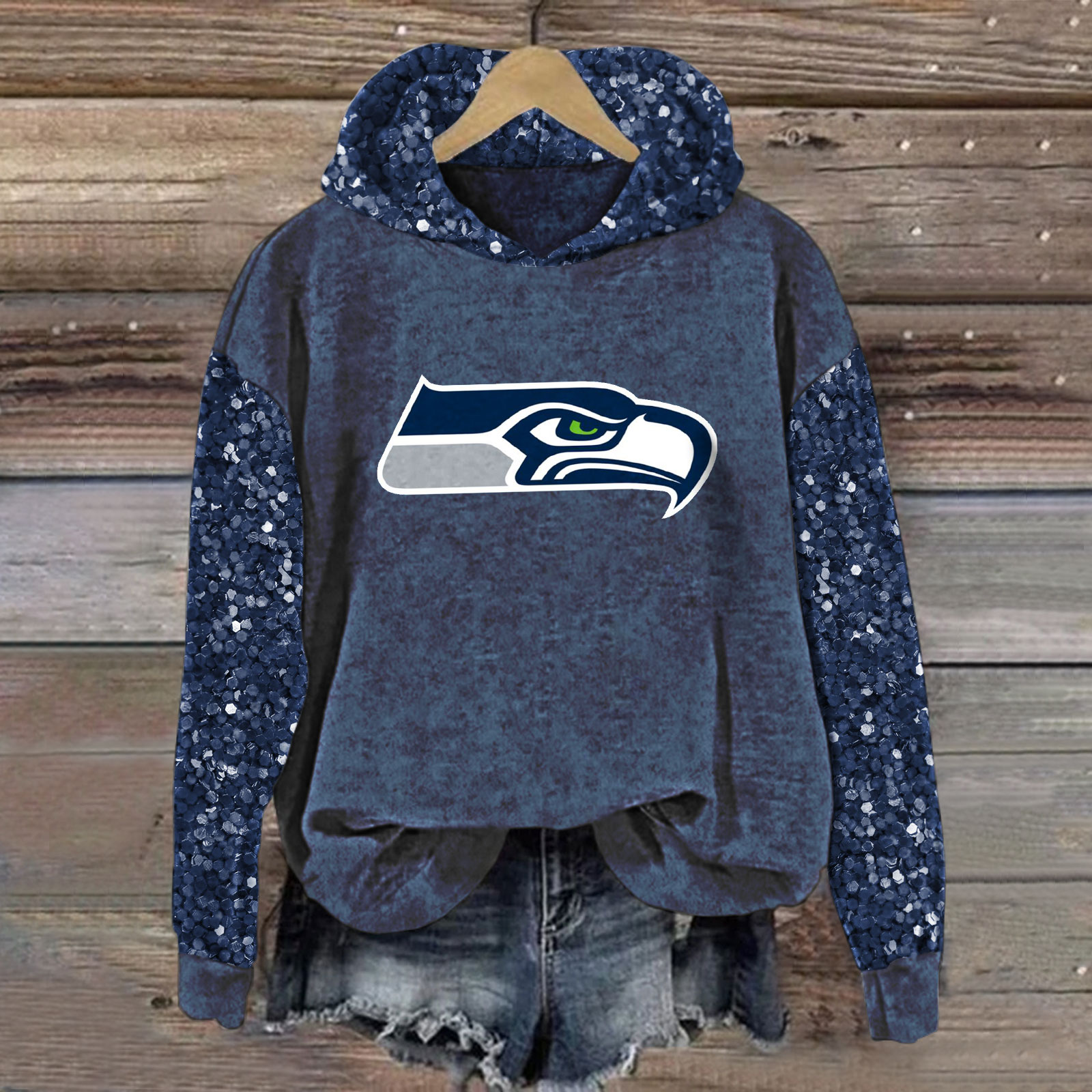 Sequined Sleeves Vintage Hoodie-Seattle Seahawks - fitnfan
