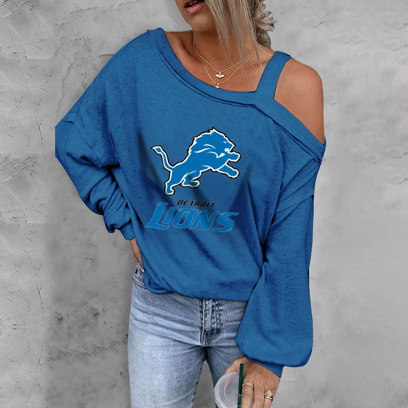 ASYMMETRICAL NECK SHIFT Casual LONG SLEEVE TOP-Detroit Lions - fitnfan