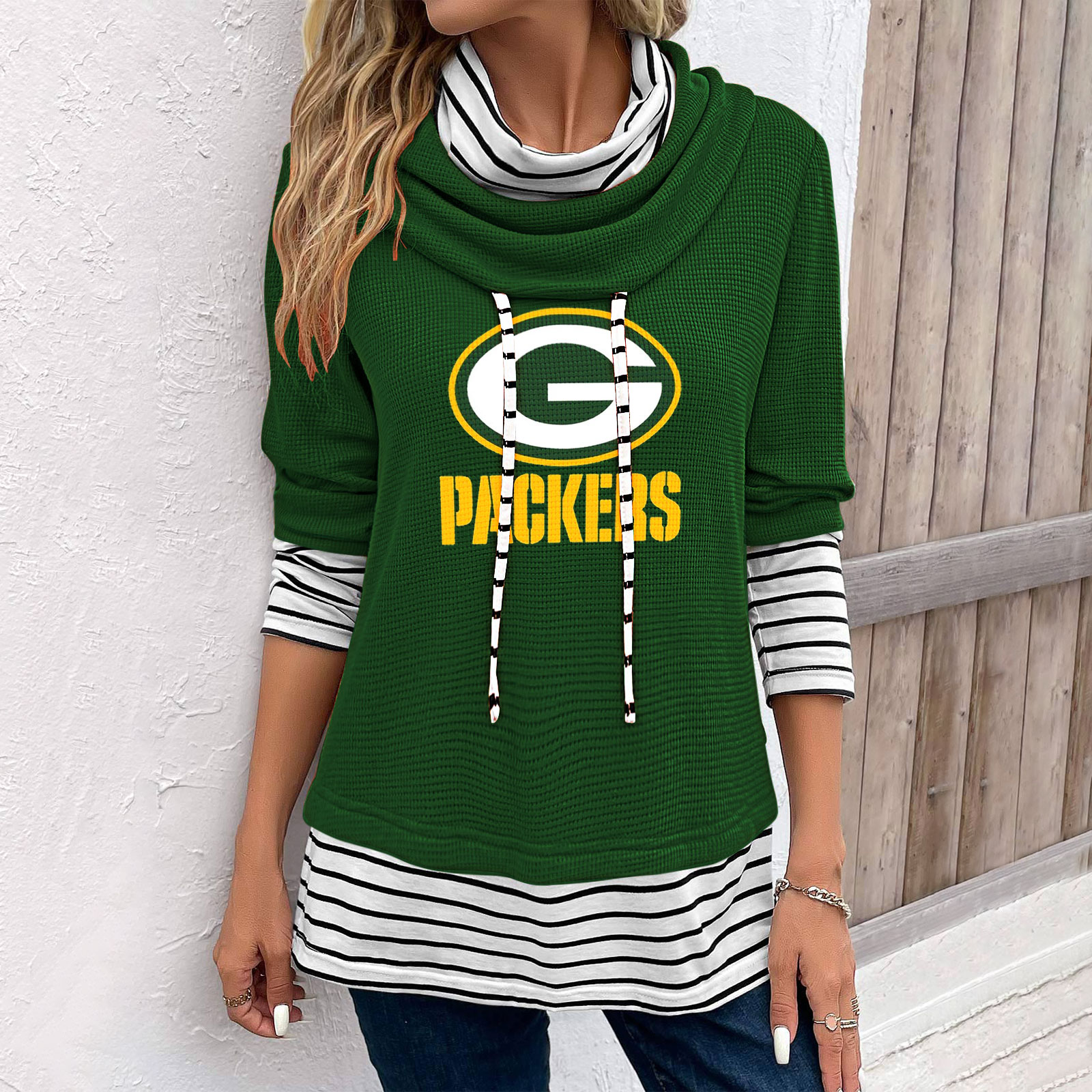 Patchwork Striped Cowl Neck Long Sleeve Sweatshirt-Green Bay Packers - fitnfan