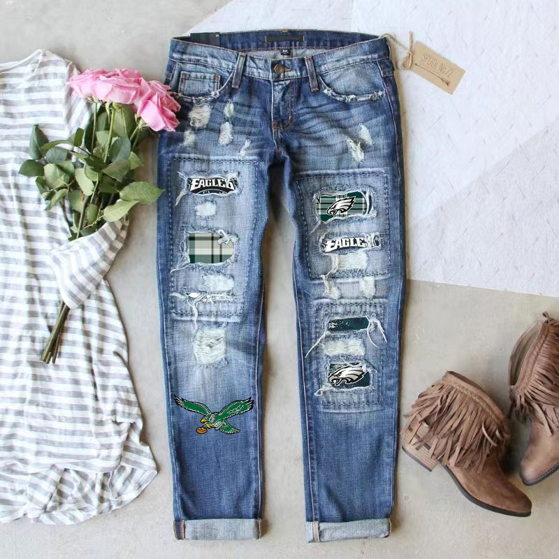 Casual fashion perforated printed jeans-Philadelphia Eagles - fitnfan