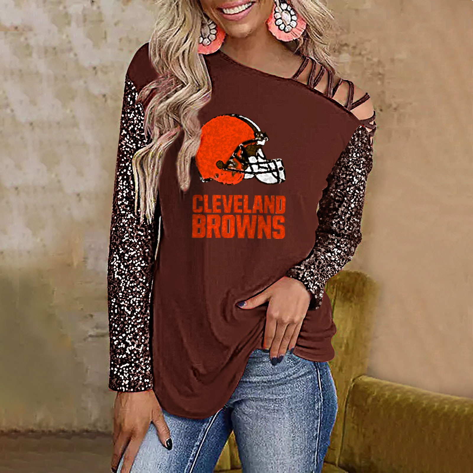 Color-Blocked Criss-Cross One Shoulder Blouse-Cleveland Browns - fitnfan