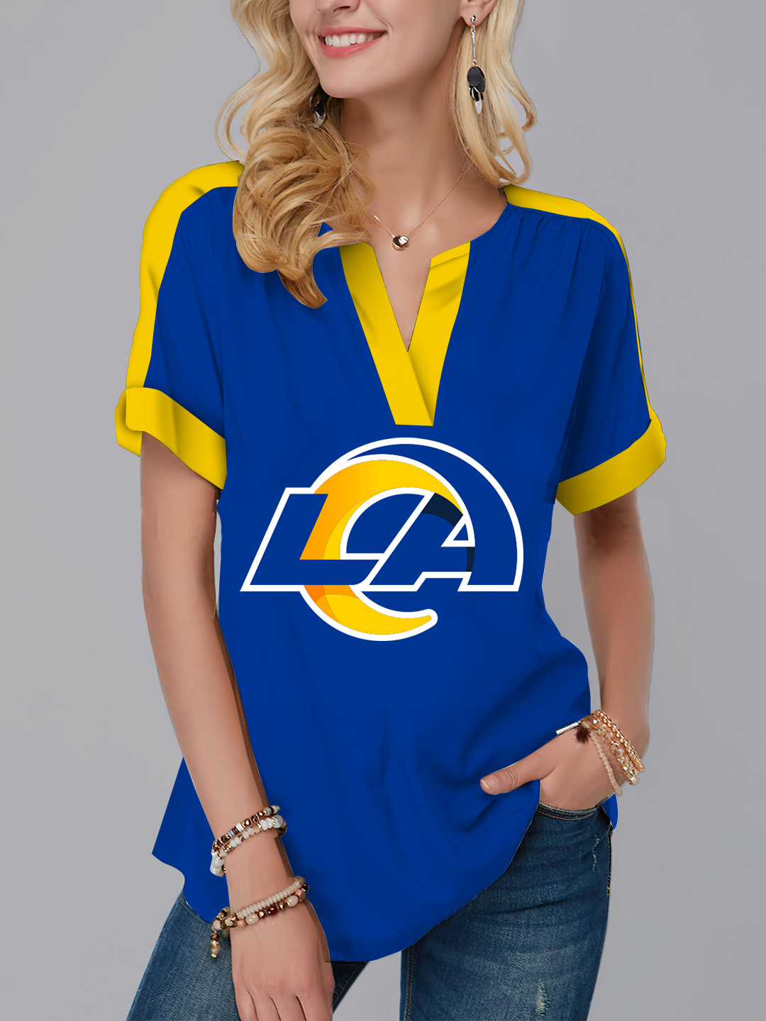 Los Angeles Rams  Fashion Short Sleeve V-Neck Shirt-Los Angeles Rams - fitnfan