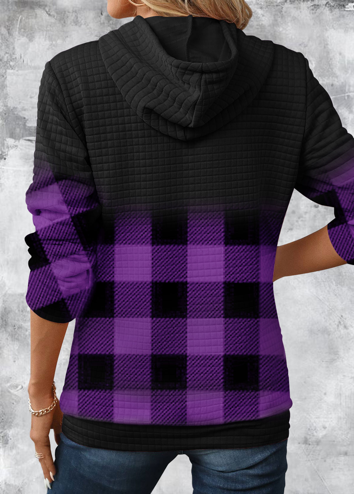Gradient Patchwork Plaid Long Sleeve Hoodie-Minnesota Vikings - fitnfan
