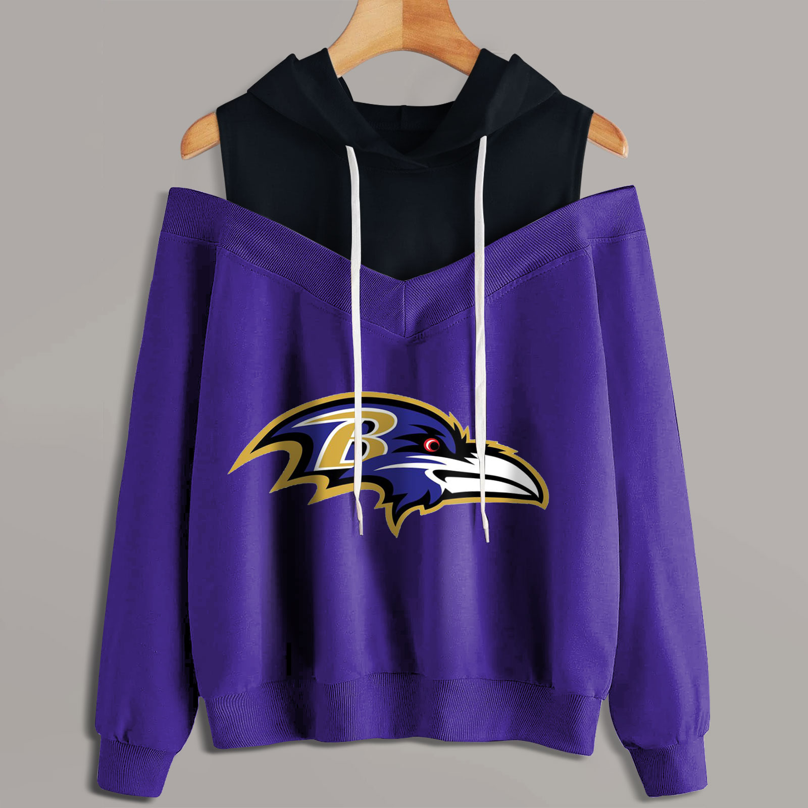 2 In 1 Colorblock Cold Shoulder Hoodie-Baltimore Ravens - fitnfan