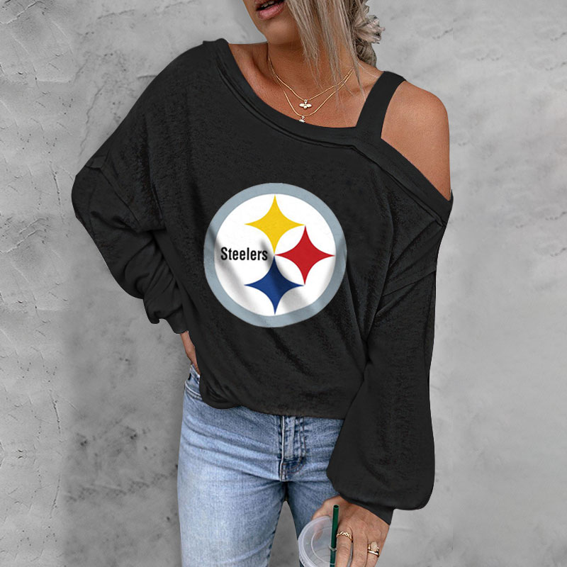 ASYMMETRICAL NECK SHIFT Casual LONG SLEEVE TOP-Pittsburgh Steelers - fitnfan