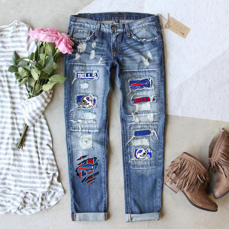 Casual fashion perforated printed jeans-Buffalo Bills - fitnfan