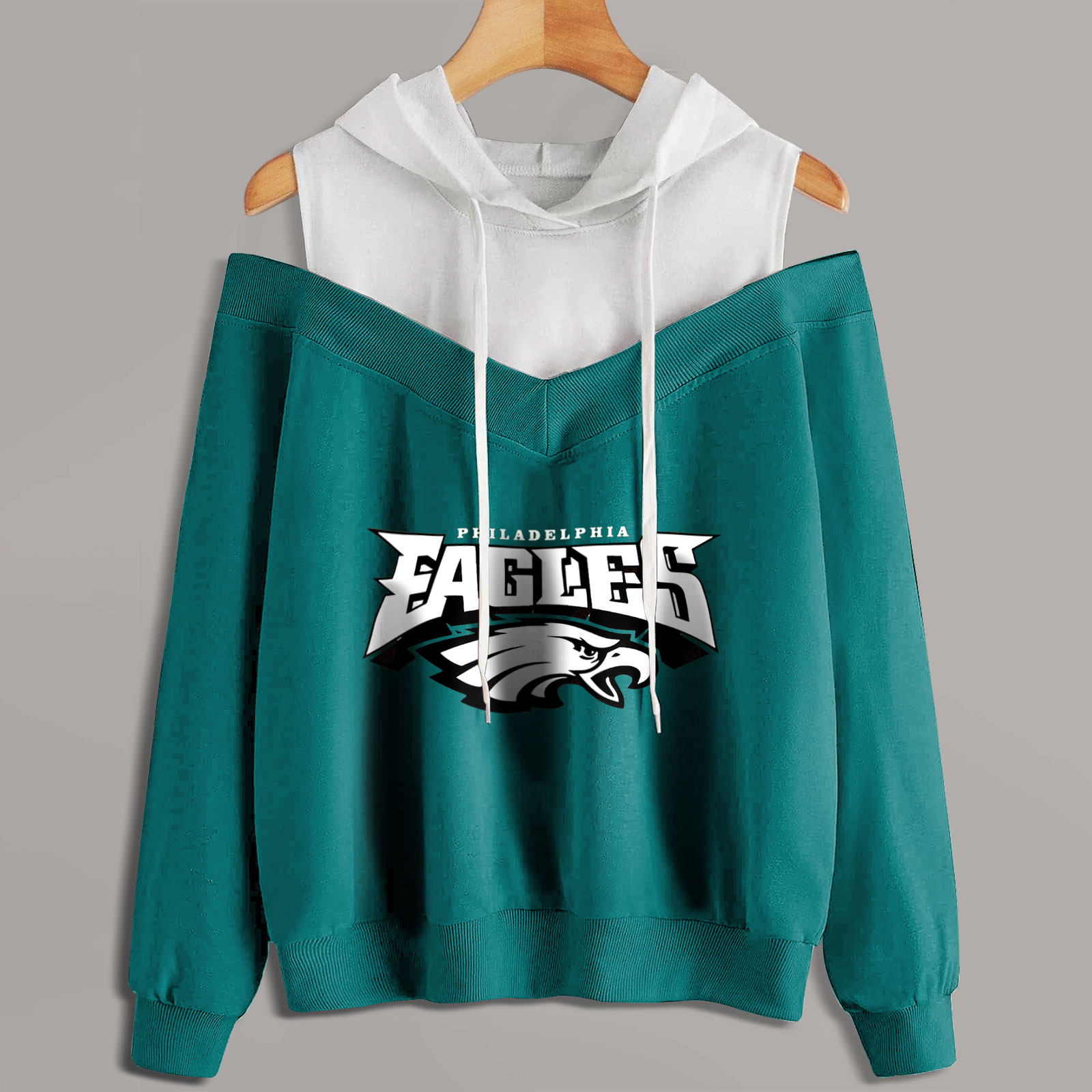 2 In 1 Colorblock Cold Shoulder Hoodie-Philadelphia Eagles - fitnfan