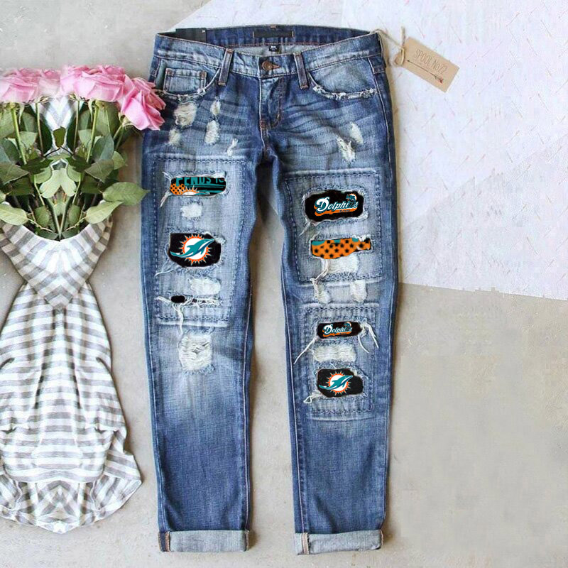 Casual fashion perforated printed jeans-Miami Dolphins - fitnfan