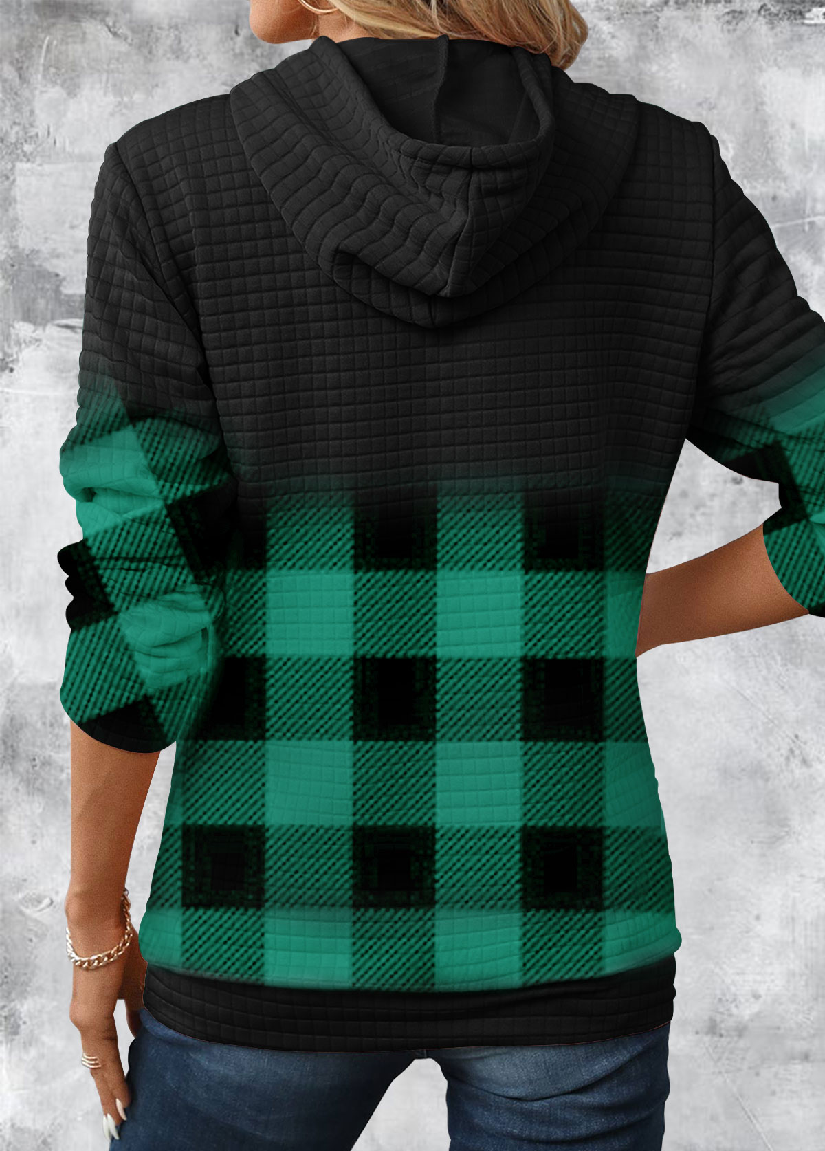 Gradient Patchwork Plaid Long Sleeve Hoodie-Philadelphia Eagles - fitnfan
