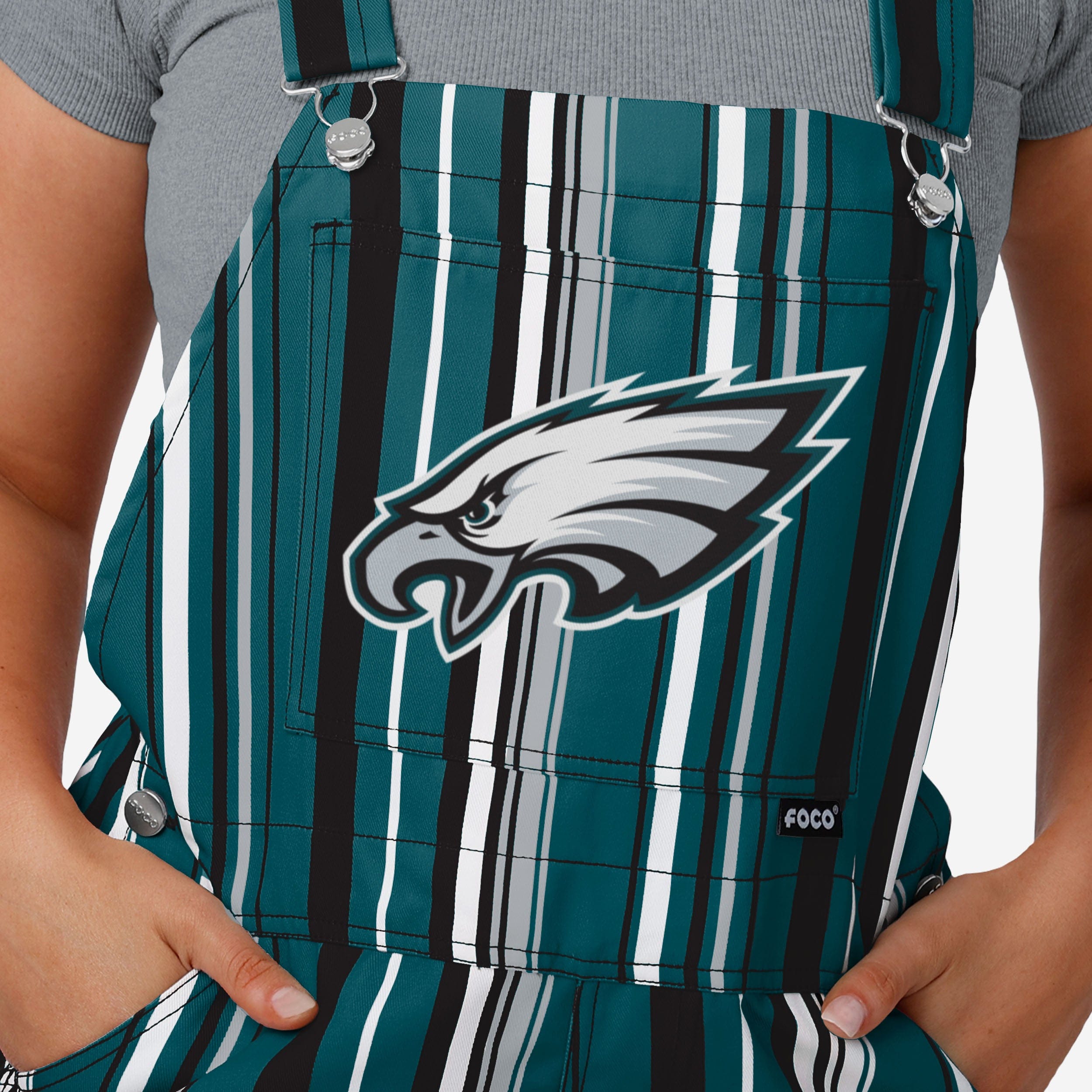 New Womens Hyper Stripe Bib Overalls-Philadelphia Eagles - fitnfan