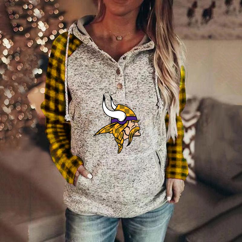 Casual Plaid stitched print Hoodie-Minnesota Vikings - fitnfan