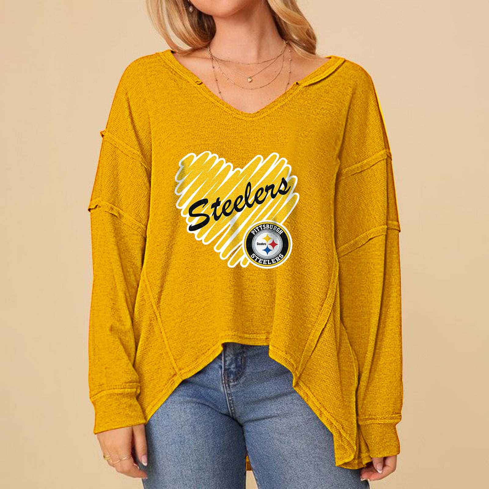 High Low V-Neck Oversized Top-Pittsburgh Steelers - fitnfan