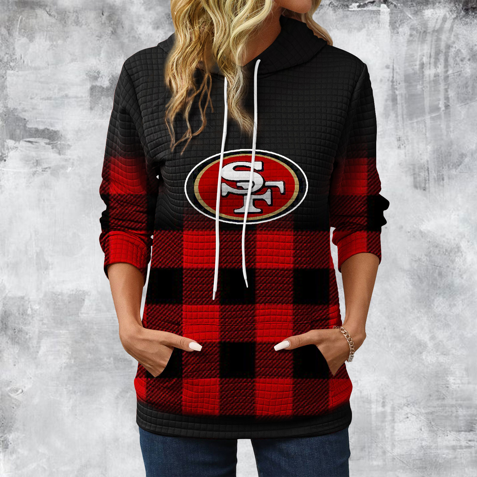 Gradient Patchwork Plaid Long Sleeve Hoodie-San Francisco 49ers - fitnfan