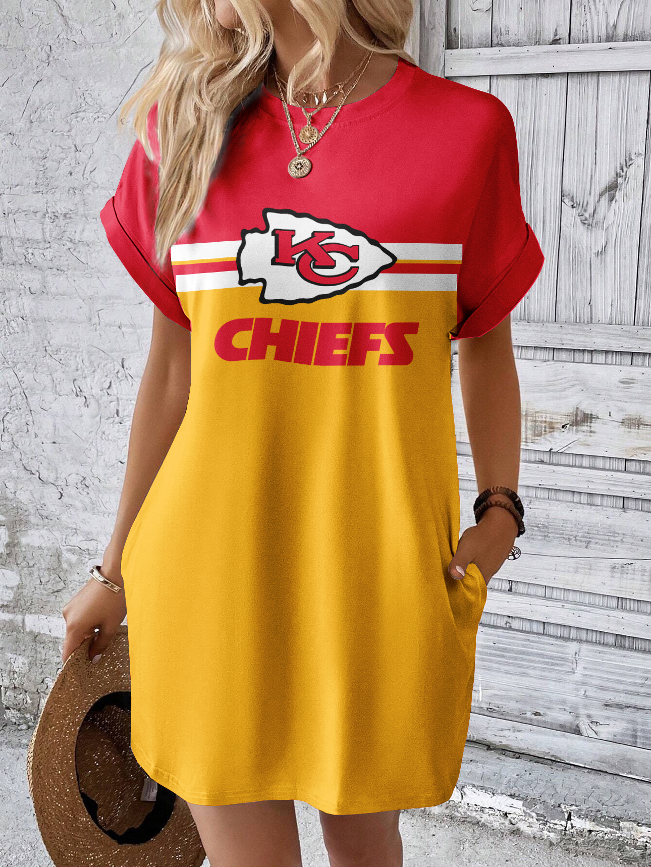 Kansas City Chiefs Solid Hidden Pocket Batwing Sleeve Tee Dress - fitnfan
