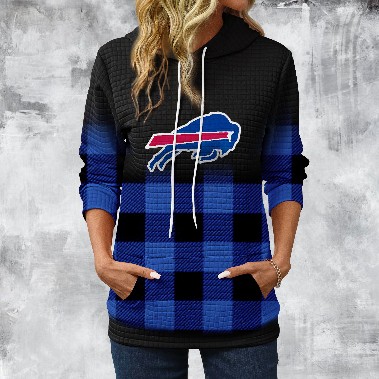 Gradient Patchwork Plaid Long Sleeve Hoodie-Buffalo Bills - fitnfan