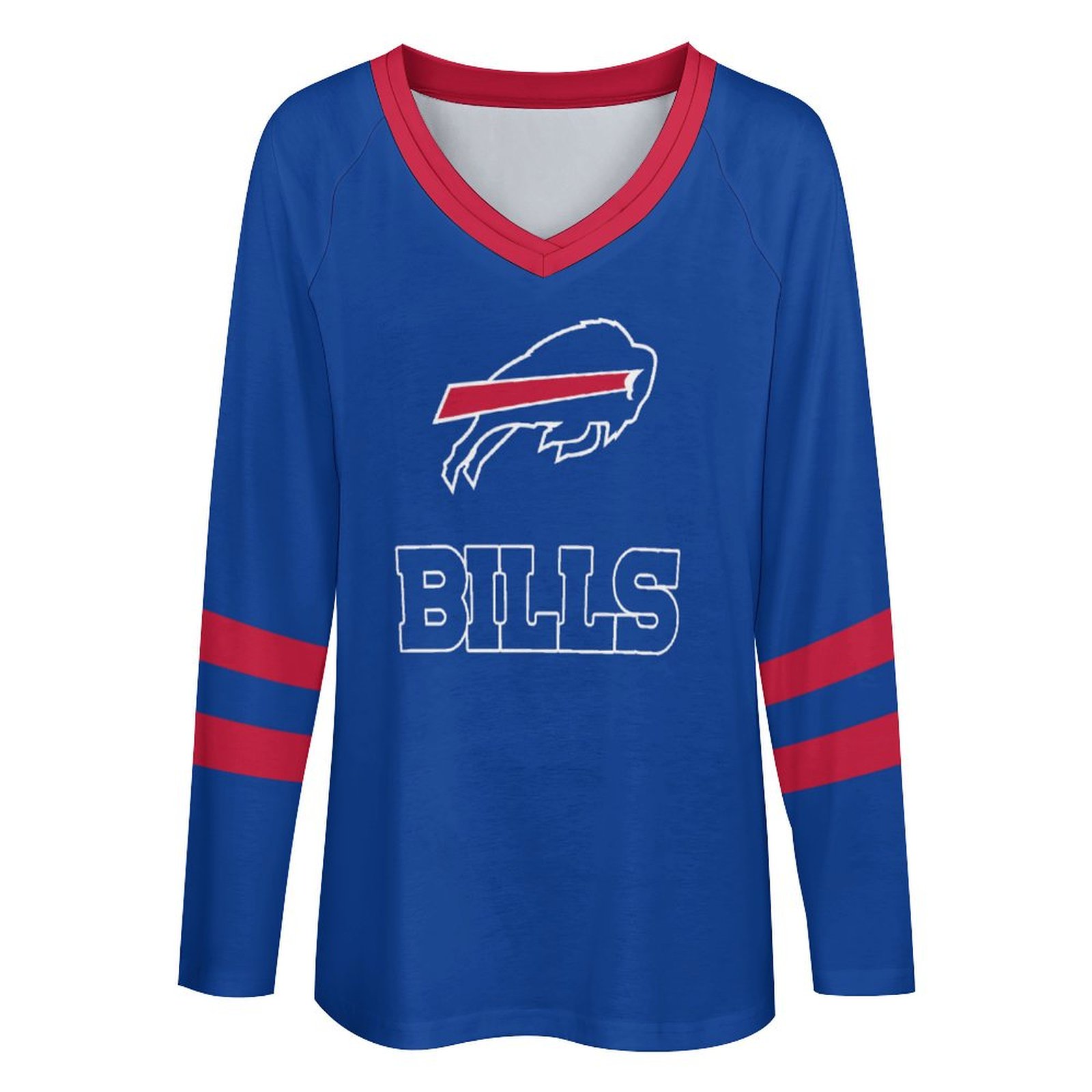 Buffalo Bills Women's V-neck Double-layered Long-sleeved Loose T-shirt-Buffalo Bills - fitnfan