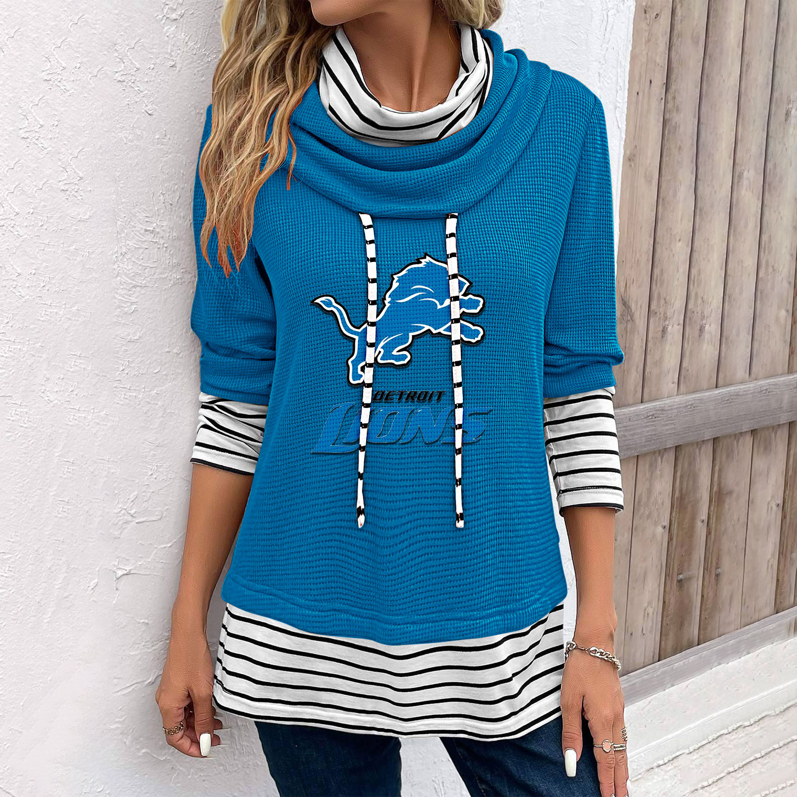 Patchwork Striped Cowl Neck Long Sleeve Sweatshirt-Detroit Lions - fitnfan