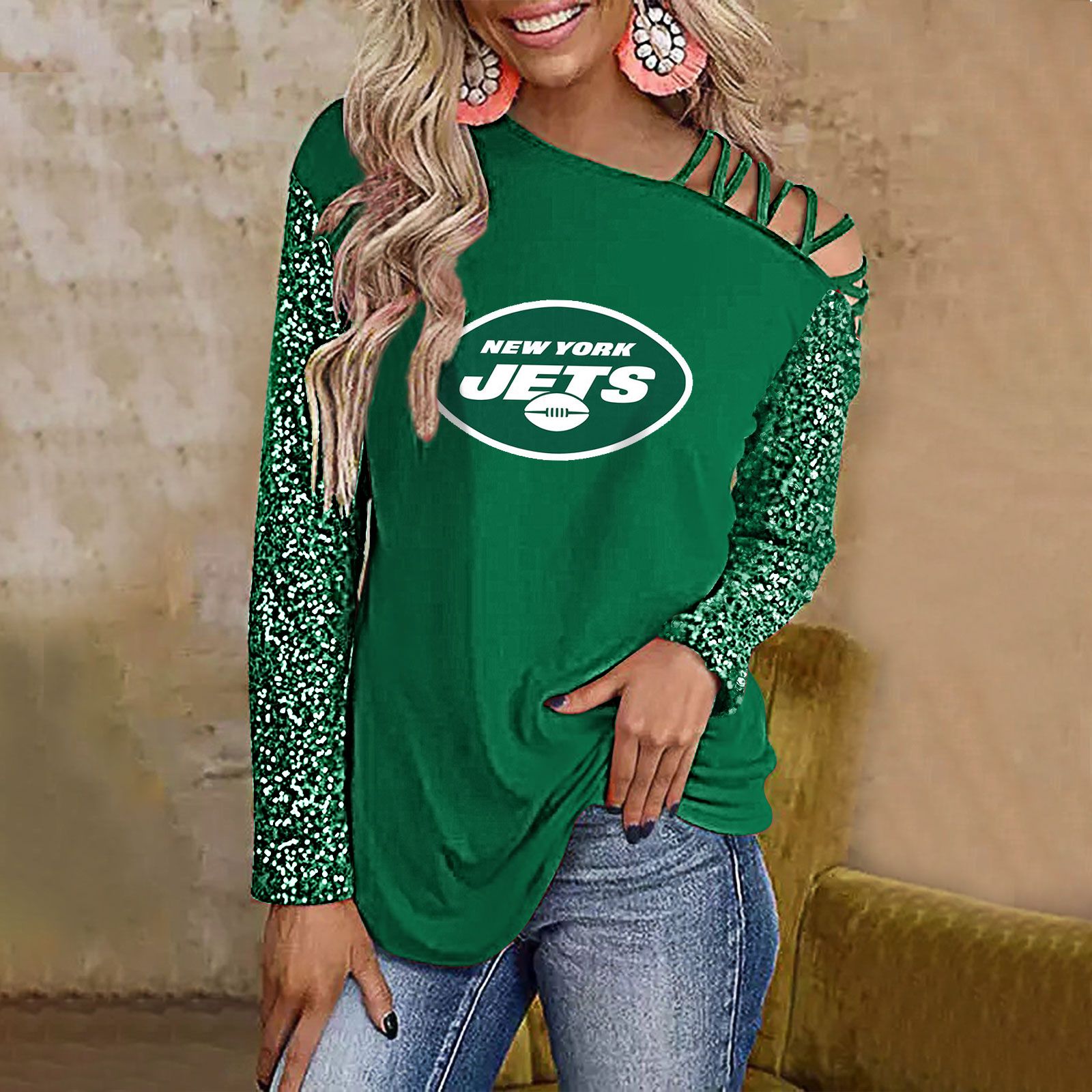 Color-Blocked Criss-Cross One Shoulder Blouse-New York Jets - fitnfan