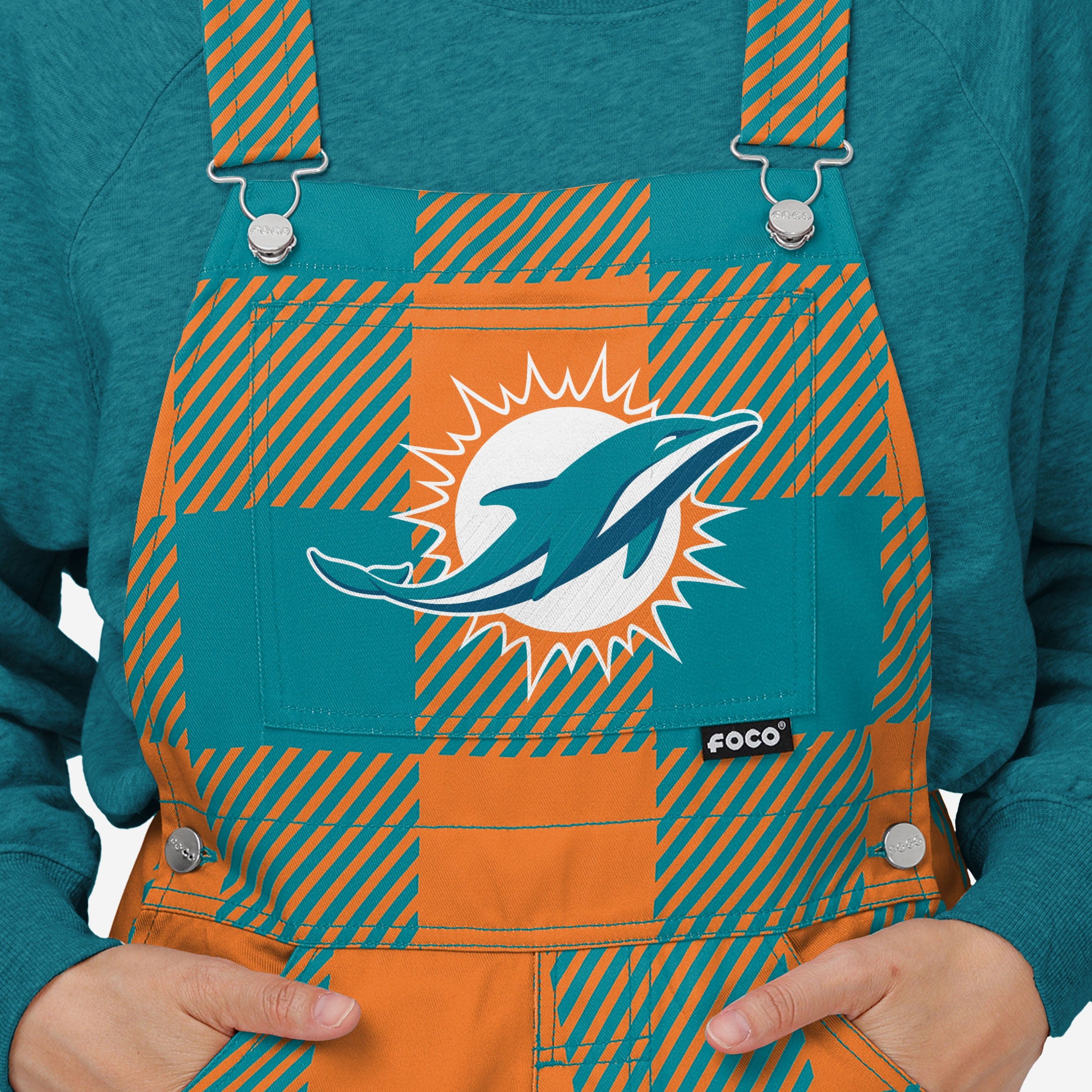 Miami Dolphins Womens Plaid Bib Overalls-Miami Dolphins - fitnfan