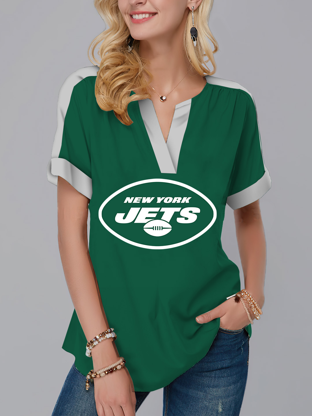New  Fashion Short Sleeve V-Neck Shirt-New York Jets - fitnfan