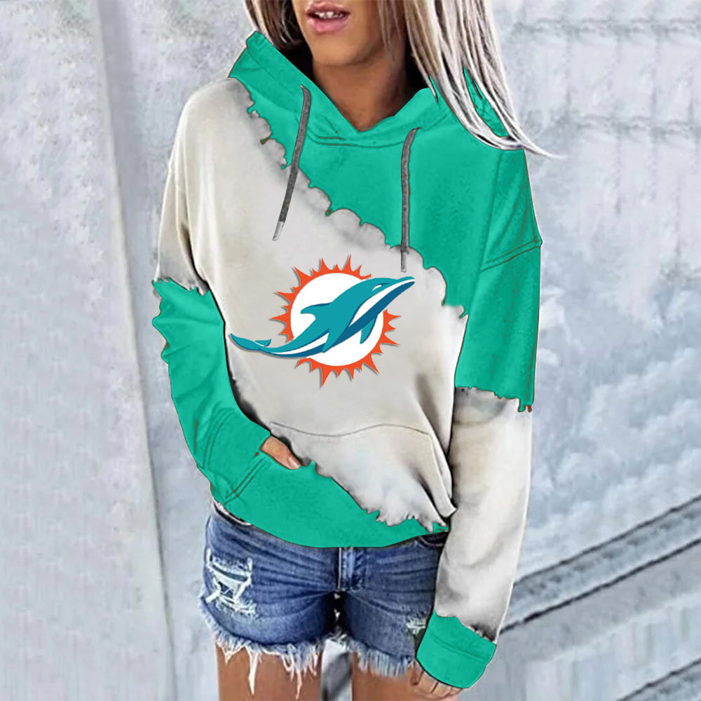Casual loose contrast printed Hoodie-Miami Dolphins - fitnfan
