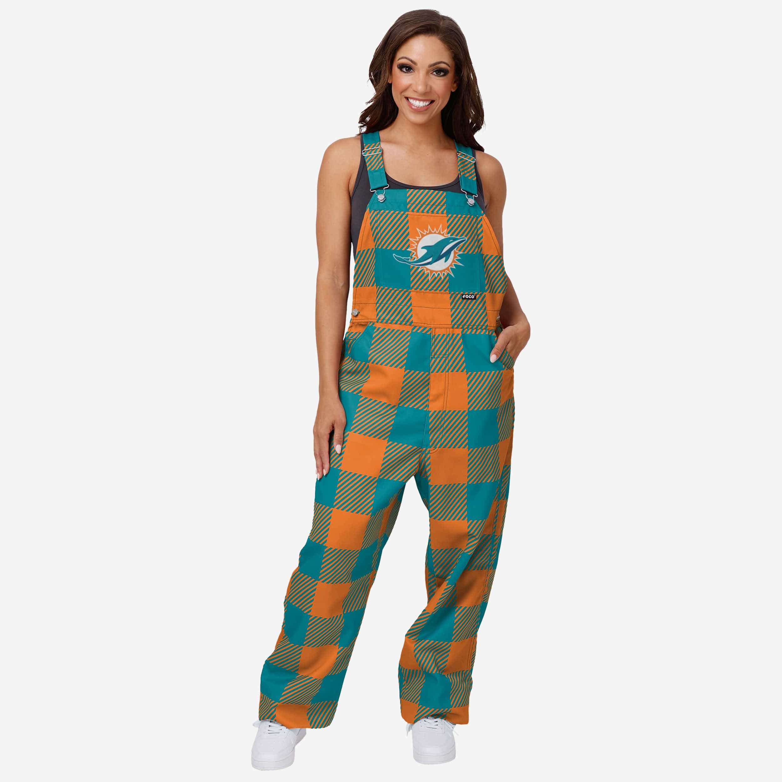 Miami Dolphins Womens Plaid Bib Overalls-Miami Dolphins - fitnfan