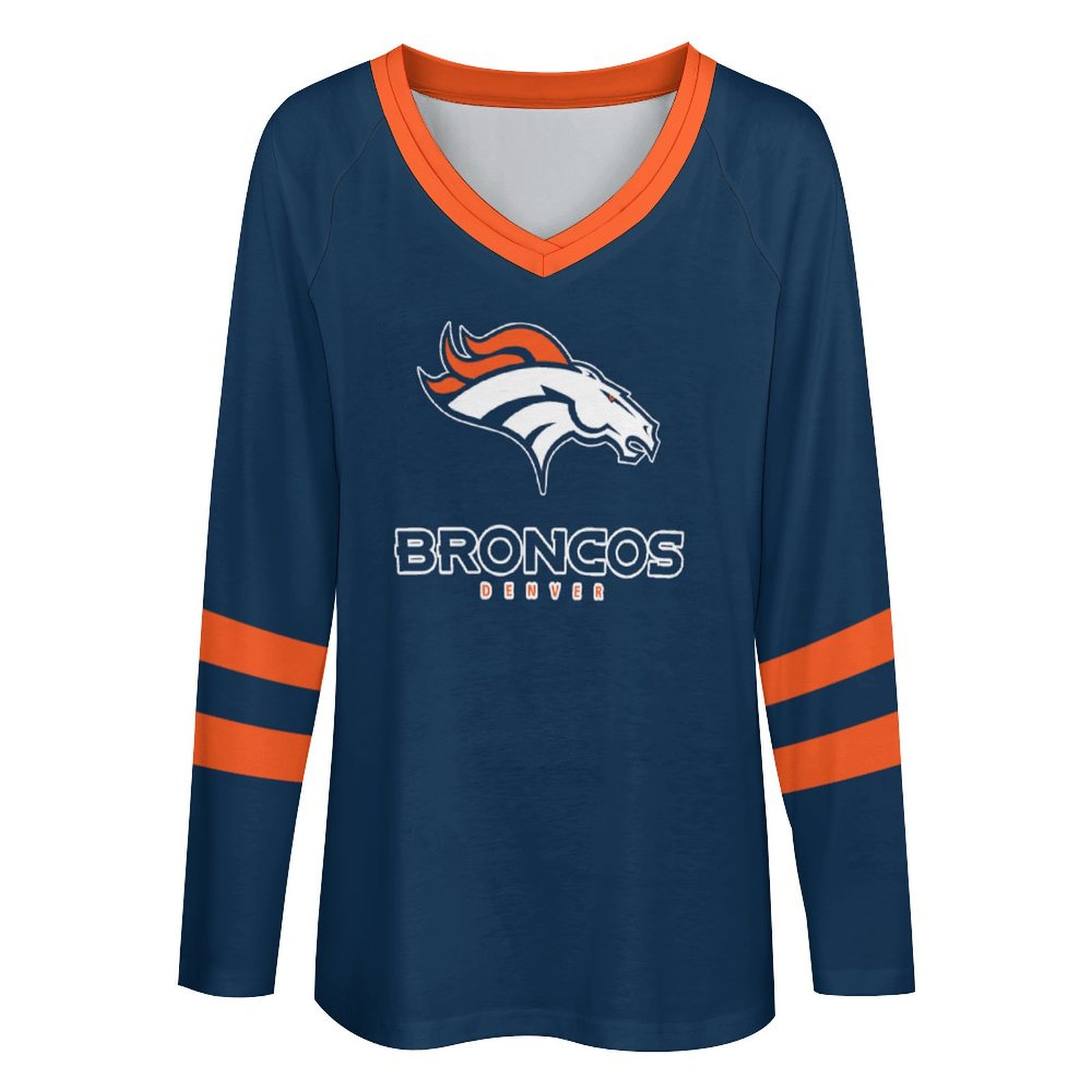 Denver Broncos Women's V-neck Double-layered Long-sleeved Loose T-shirt-Denver Broncos - fitnfan
