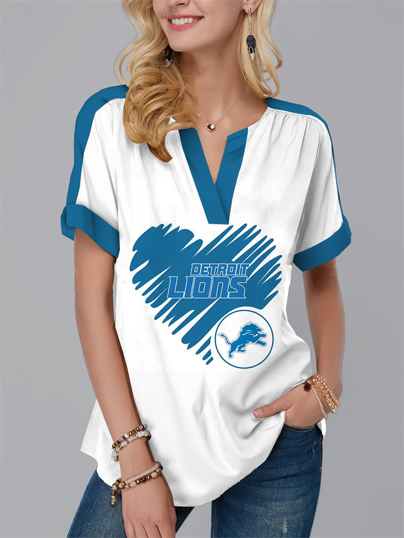 NewFashion Short Sleeve V-Neck Shirt-Detroit Lions - fitnfan