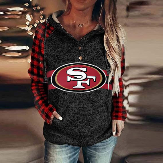 Casual Plaid stitched print Hoodie-San Francisco 49ers - fitnfan