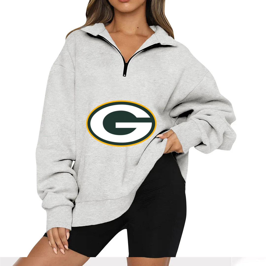 New Ladies Sports Leisure Lapel Zipper Sweatshirt-Green Bay Packers - fitnfan
