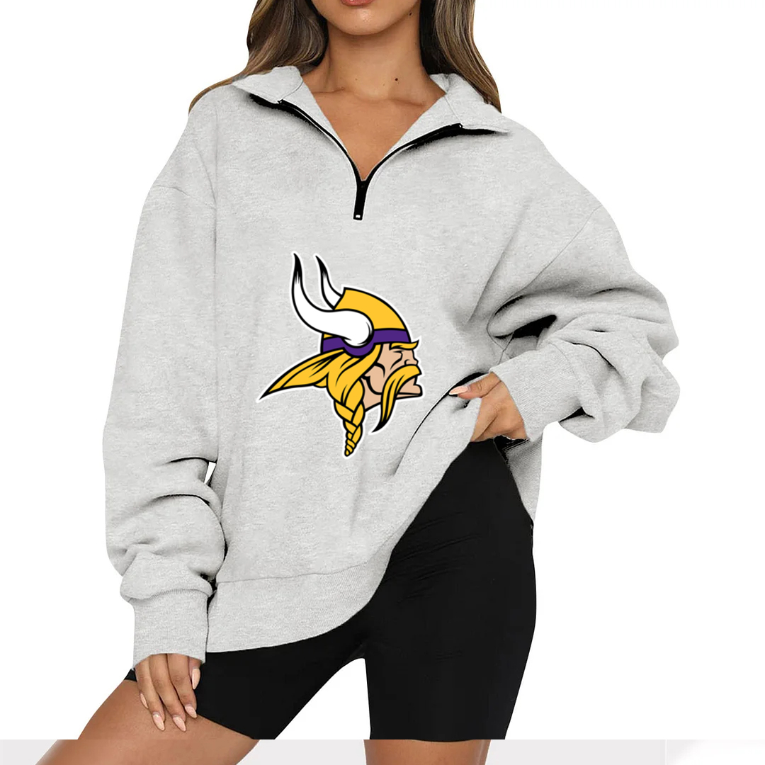 New Ladies Sports Leisure Lapel Zipper Sweatshirt-Minnesota Vikings - fitnfan