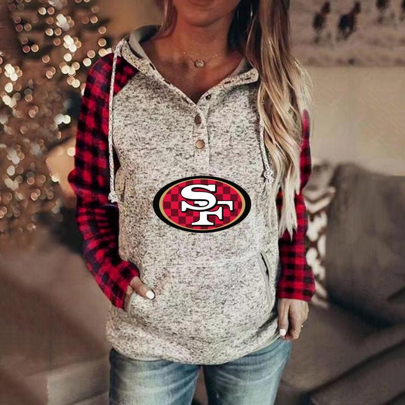 Casual Plaid stitched print Hoodie-San Francisco 49ers - fitnfan