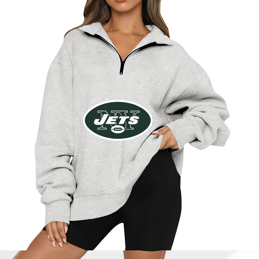 New Ladies Sports Leisure Lapel Zipper Sweatshirt-New York Jets - fitnfan