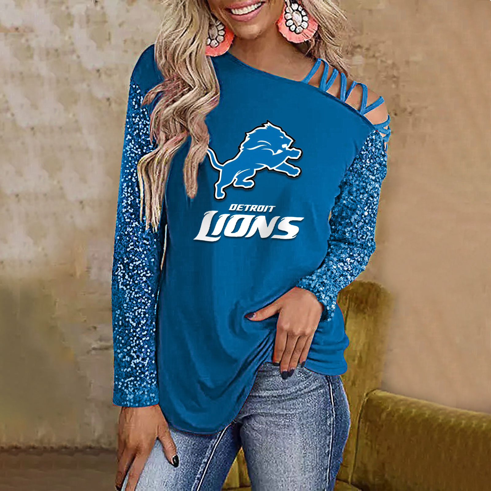 Color-Blocked Criss-Cross One Shoulder Blouse-Detroit Lions - fitnfan
