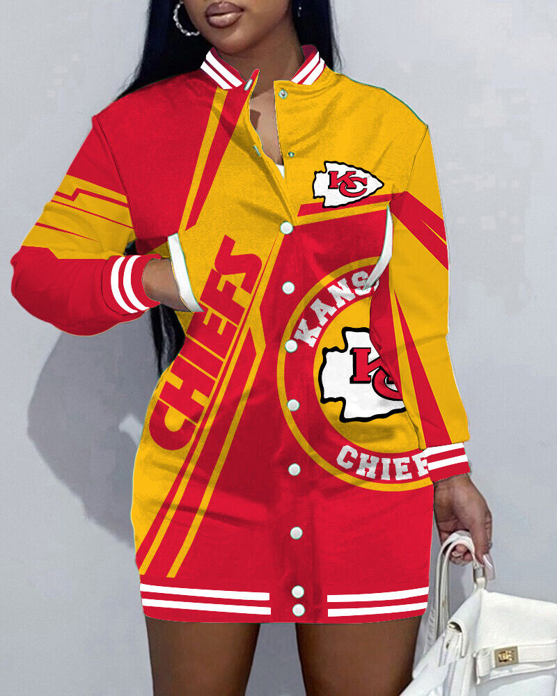 Kansas City ChiefsLimited Edition Button Down Long Sleeve Jacket Dress - fitnfan