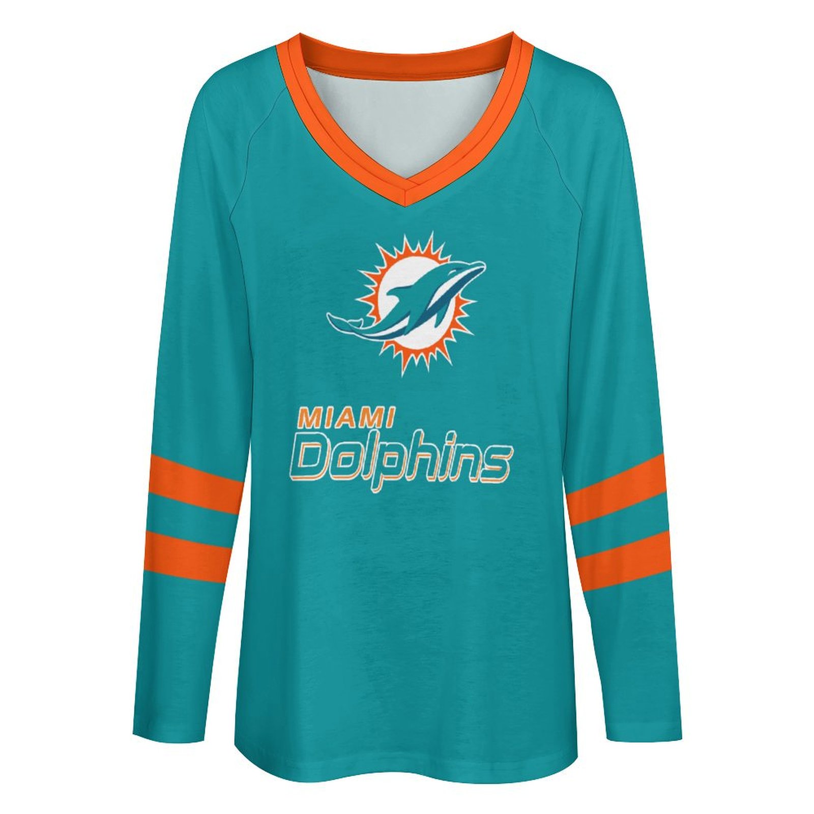 Miami Dolphins Women's V-neck Double-layered Long-sleeved Loose T-shirt-Miami Dolphins - fitnfan