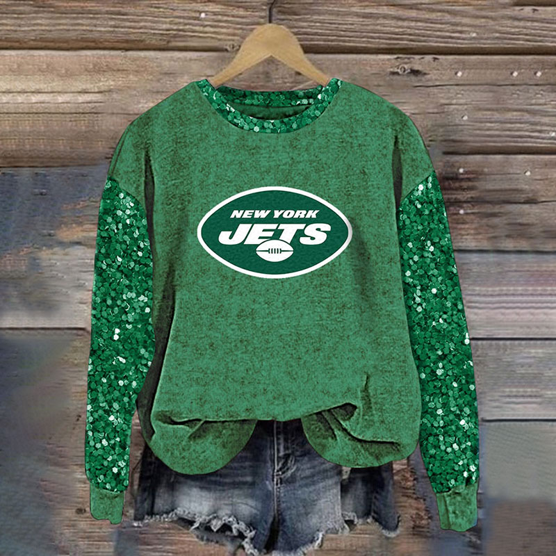 Sequined Sleeves Vintage Sweatshirt-New York Jets - fitnfan