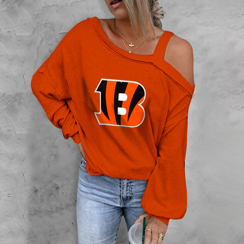 ASYMMETRICAL NECK SHIFT Casual LONG SLEEVE TOP-Cincinnati Bengals - fitnfan