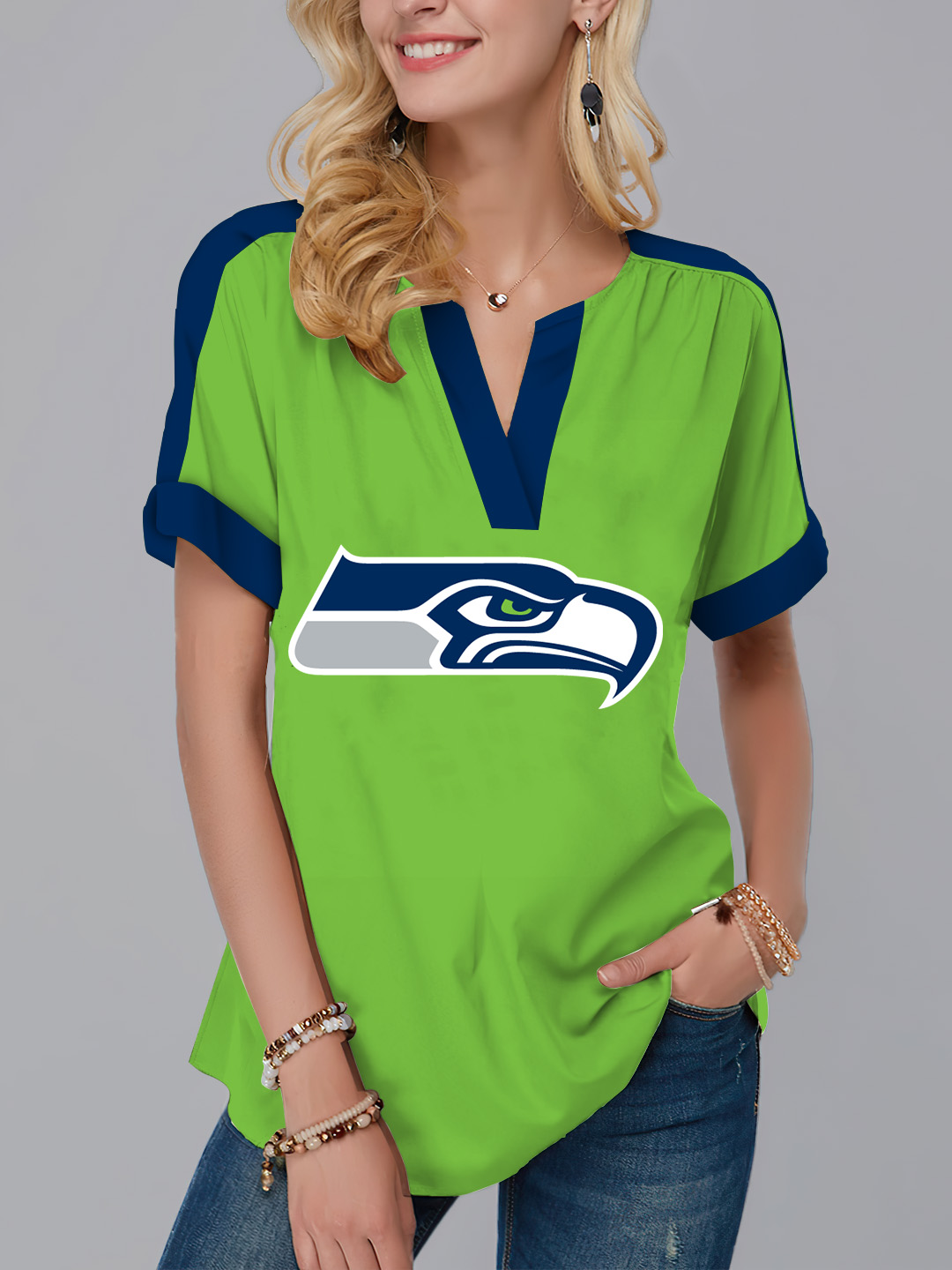 Seattle Seahawks  Fashion Short Sleeve V-Neck Shirt-Seattle Seahawks - fitnfan