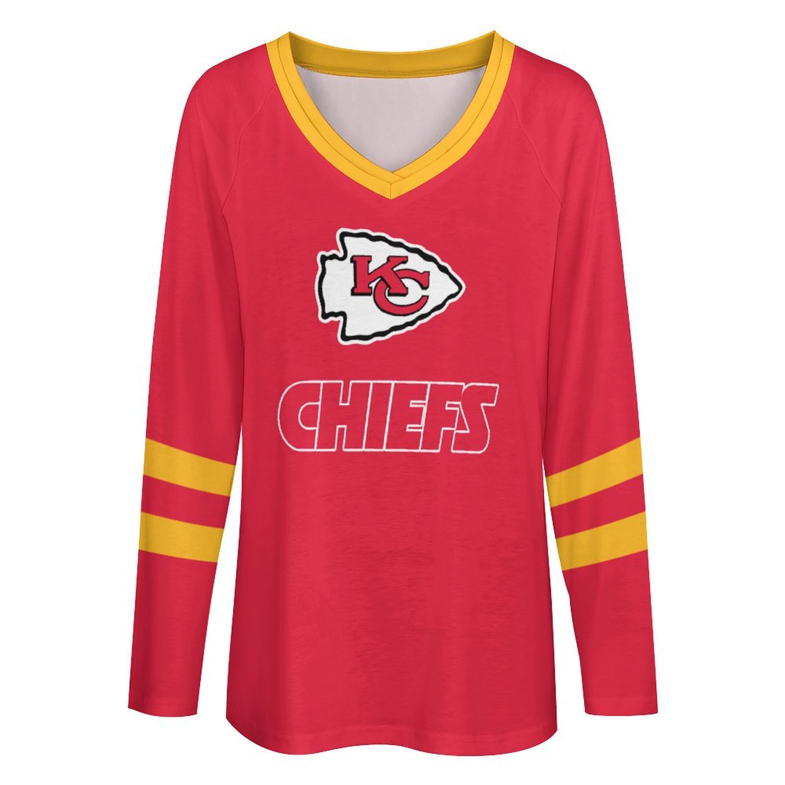 Kansas City Chiefs Women's V-neck Double-layered Long-sleeved Loose T-shirt - fitnfan