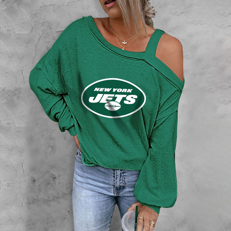ASYMMETRICAL NECK SHIFT Casual LONG SLEEVE TOP-New York Jets - fitnfan