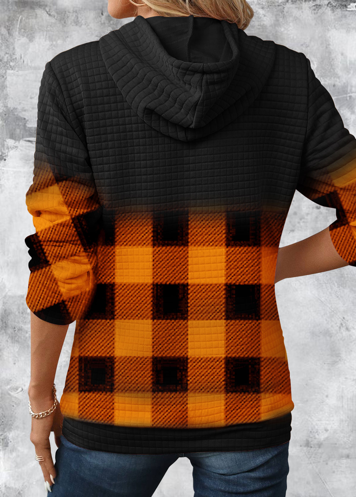 Gradient Patchwork Plaid Long Sleeve Hoodie-Cincinnati Bengals - fitnfan