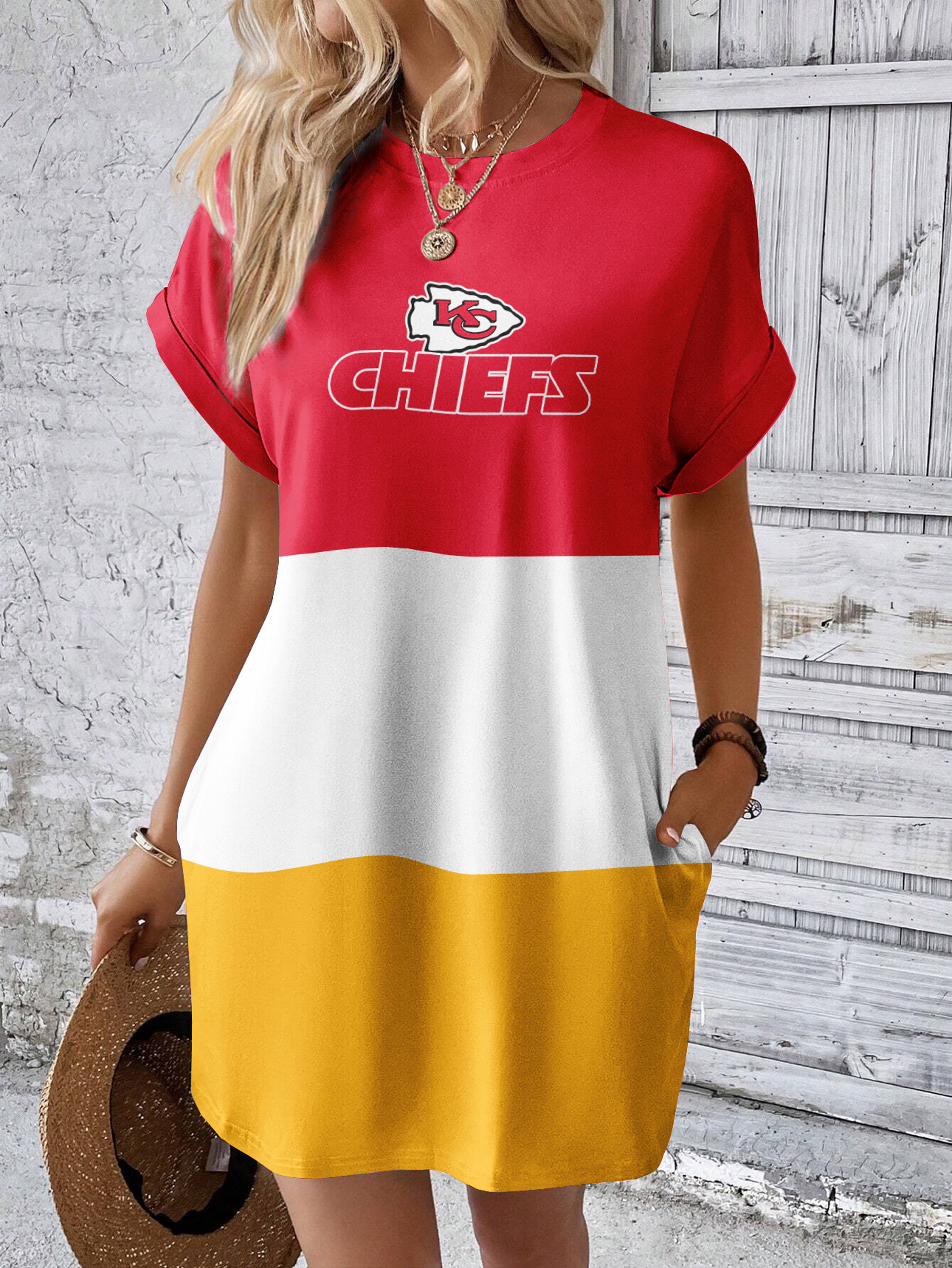Kansas City Chiefs Solid Hidden Pocket Batwing Sleeve Tee Dress - fitnfan