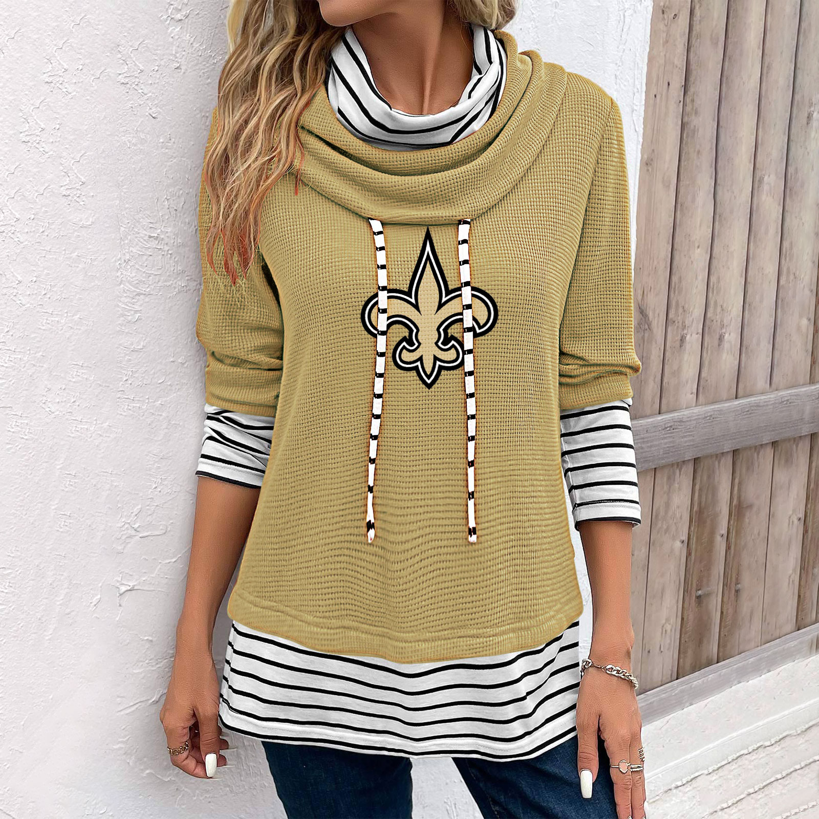 Patchwork Striped Cowl Neck Long Sleeve Sweatshirt-New Orleans Saints - fitnfan