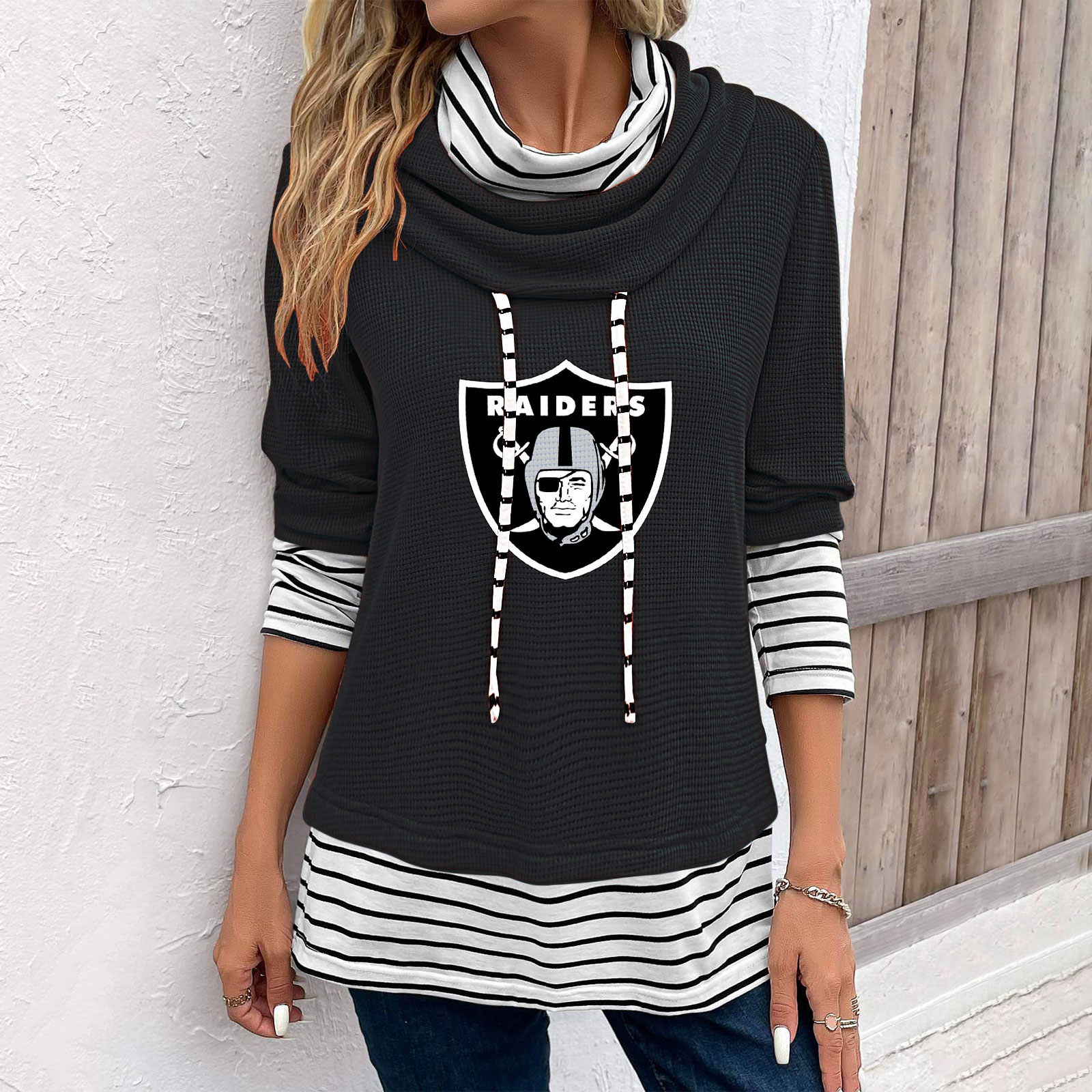 Patchwork Striped Cowl Neck Long Sleeve Sweatshirt-Las Vegas Raiders - fitnfan
