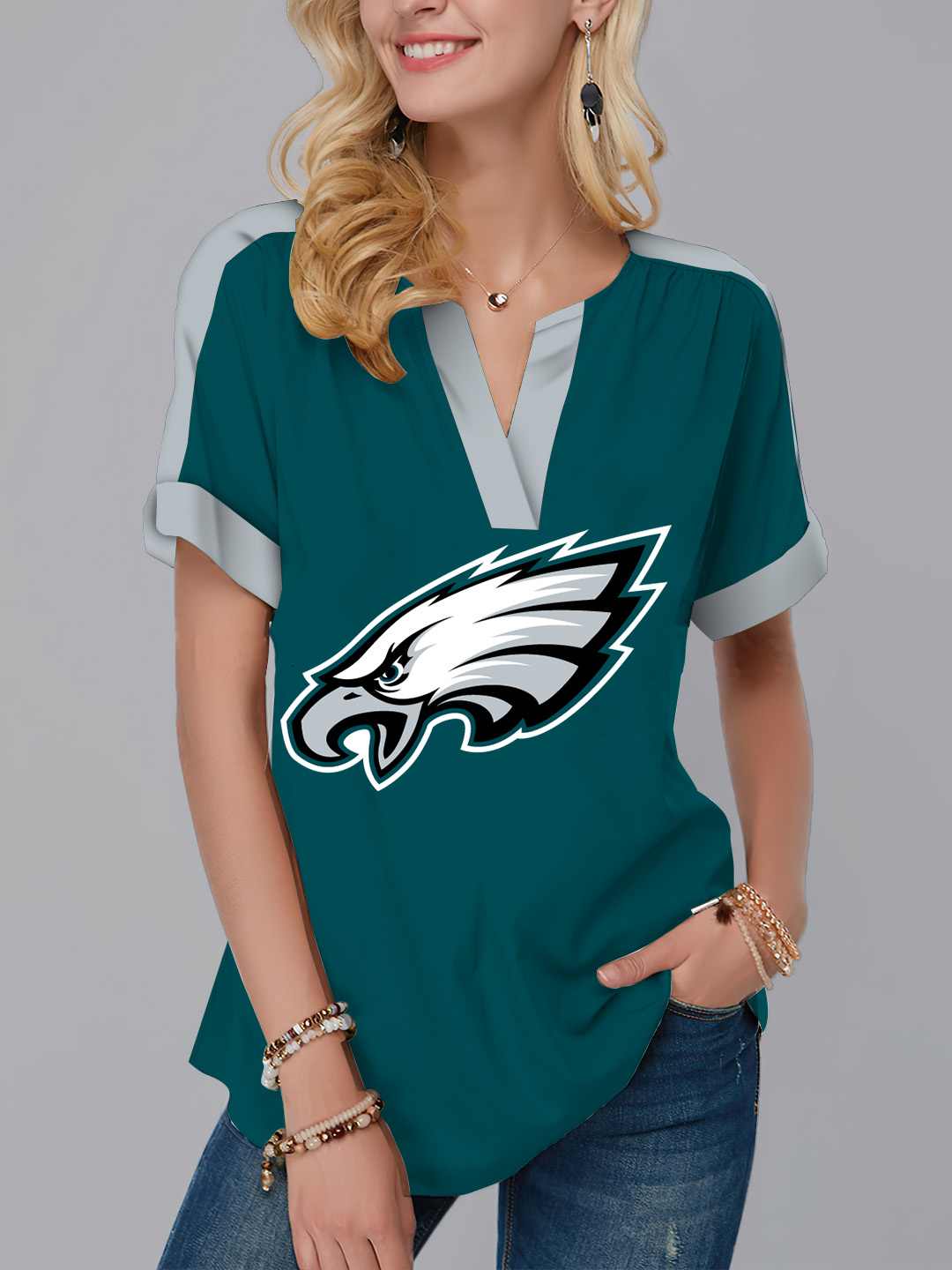 New  Fashion Short Sleeve V-Neck Shirt-Philadelphia Eagles - fitnfan