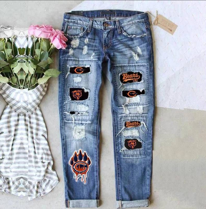 Casual fashion perforated printed jeans-Chicago Bears - fitnfan