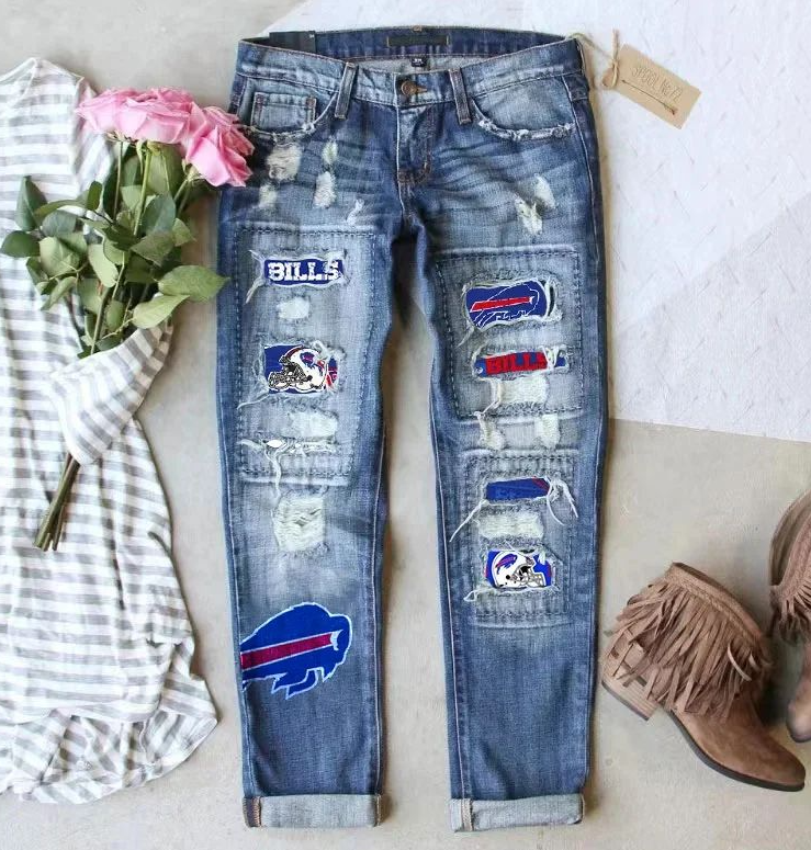 Casual fashion perforated printed jeans-Buffalo Bills - fitnfan
