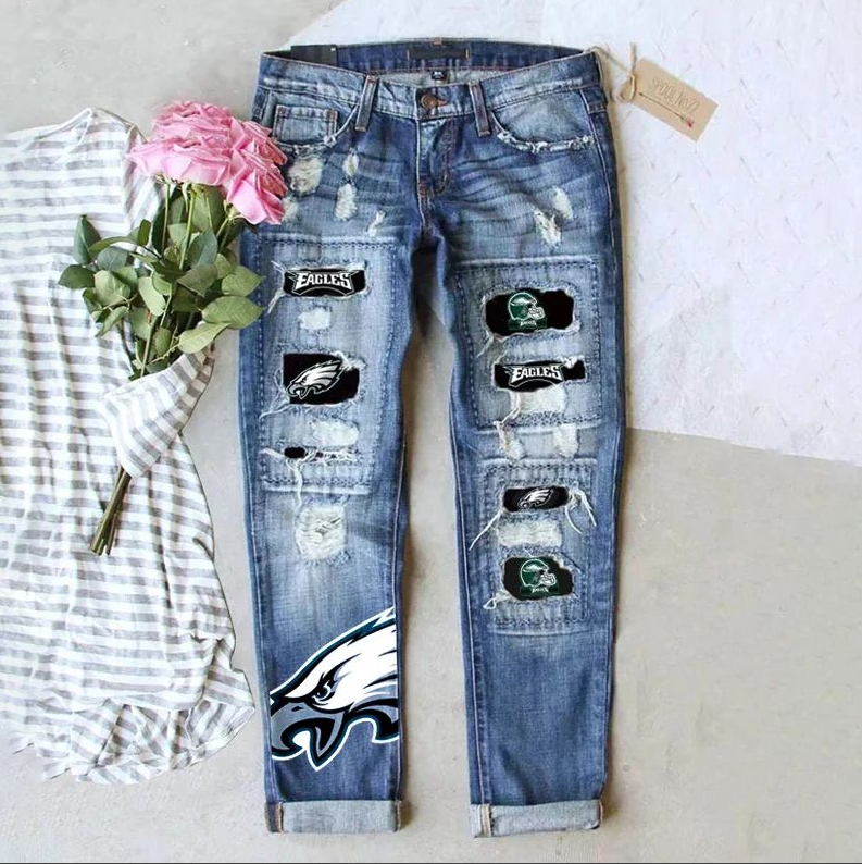 Casual fashion perforated printed jeans-Philadelphia Eagles - fitnfan