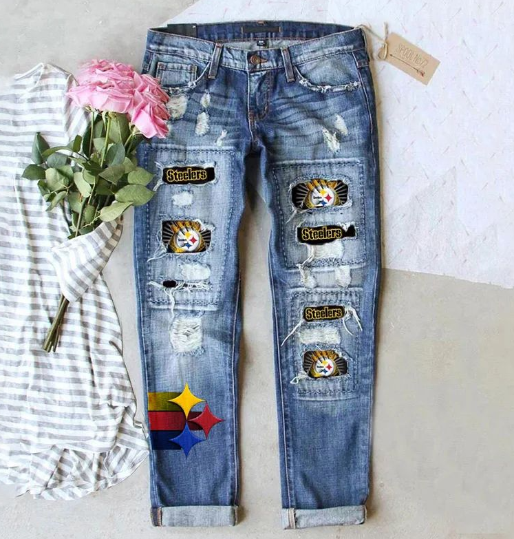 Casual fashion perforated printed jeans-Pittsburgh Steelers - fitnfan